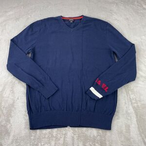 Vintage DIESEL V Neck Sweater Men Large Navy Blue Cuff Logo Long Sleeve Designer